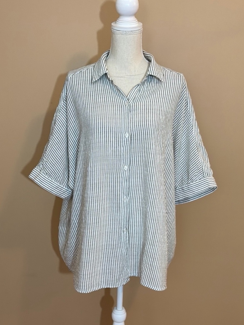 Max Studio XL Green White Striped Oversized Button-Down Crepe Shirt